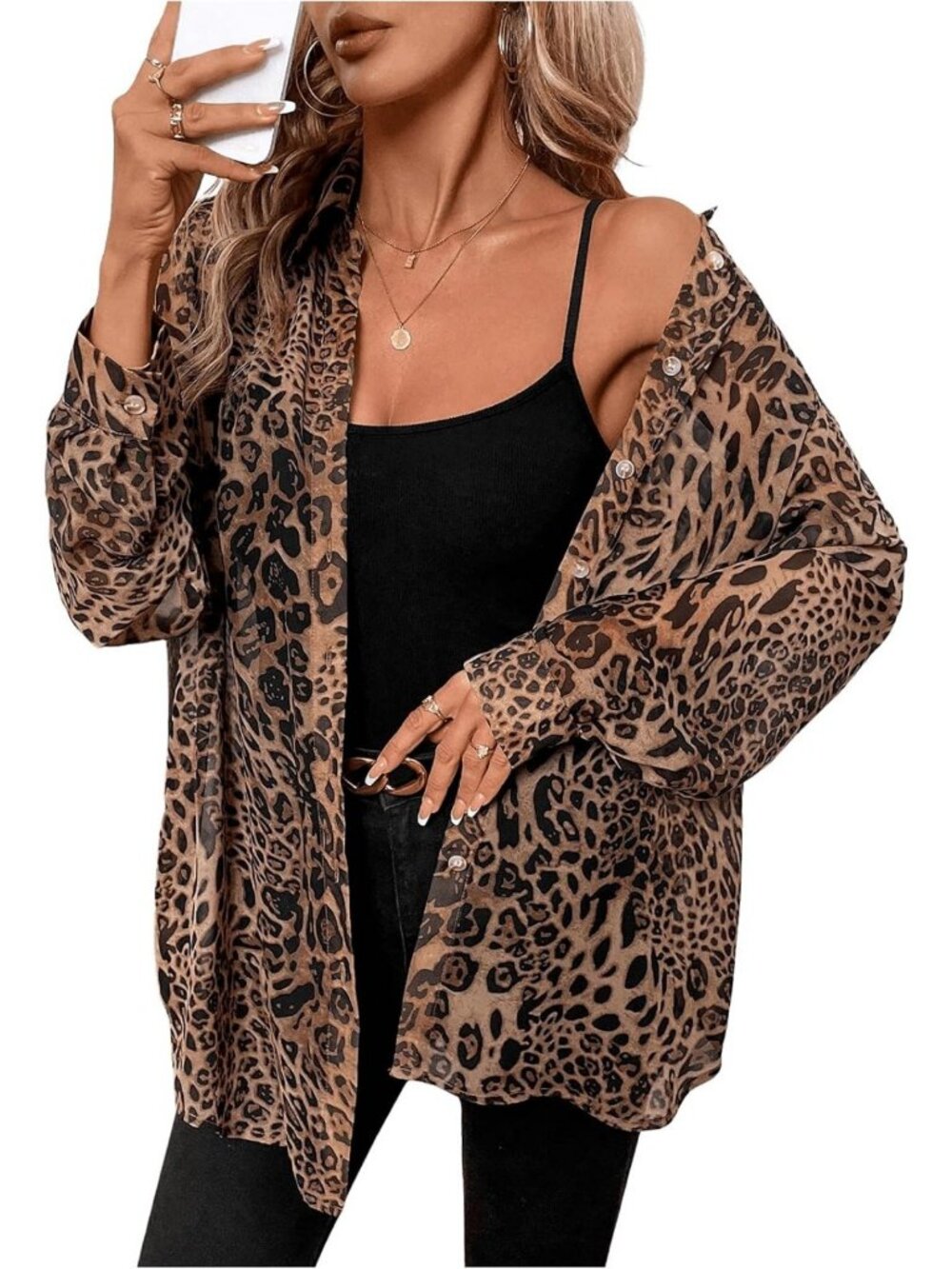 Chic Leopard Print Sheer Mesh Oversized Button-Down Shirt - Long Sleeve Top